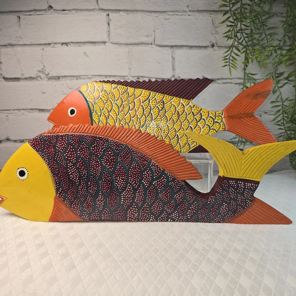 FOLK ART WOOD CARVED FISH SCULPTURE SET BRIGHT MEXICAN BEACH DECOR